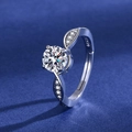 Classic silver ring with round moissanite in four-prong setting and leaf accents - Ring Ljz-132 / Adjustable Open