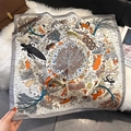 Elegant silk scarf featuring grey edges and whimsical orange animal and pegasus prints - White (W-486)