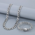 Silver stainless steel Figaro chain necklace and bracelet set with box clasp closure - 11mm Steel