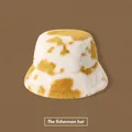 Winter plush fisherman hat featuring a stylish yellow and white cow print texture - M (56-58cm) / Cow Print Bucket Hat Yellow