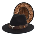 Detail of black wool fedora with leopard print brim and silver bull head leather band - M (56-58cm) / Black
