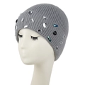 Schicke graue Strickmütze für Damen mit handgenähten Strasssteinen und warmer Rippstruktur - L(58-60cm) / Grau