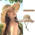 Beige straw sun hat with colorful crochet trim and floral ribbon tie for summer - Ethnic Style Straw Hat Beige