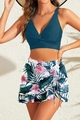 Detaillierte Ansicht des V-Ausschnitt Bikini-Tops und des tropischen Blumen-Schwimmrocks - S / Blaugrün Tropisch Floral