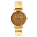 Women's gold watch with brown leaf texture dial and stretch metal band - Gold