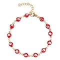 Detailed macro view of red evil eye bracelet with golden lobster clasp and chain links - Red Eye