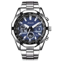 Reloj cronógrafo impermeable para hombre con esfera azul oscuro y correa de acero - Acero Plateado Esfera Azul