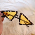 Detail showing vintage daisy sunglasses with purple floral frame and yellow lenses - Slanted Triangle Leopard Frame Yellow Lens