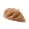 Classic camel wool beret hat with a small metal logo plaque for women in winter - One Size / Tan