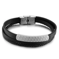 Pulsera multicapa de cuero trenzado negro para hombre con cierre de acero inoxidable - Color Acero / 21cm