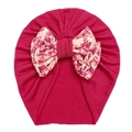 Infant turban hat in dark rose red with a large floral bow detail for baby girls - Rose Red