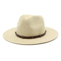 Close-up of beige straw fedora hat with brown leather band and vintage metal studs - M (56-58cm) / Beige