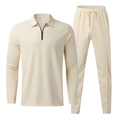 Men's two-piece waffle knit tracksuit with long sleeve polo shirt and pants in beige - S / Khaki