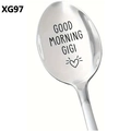 Silver stainless steel long spoon featuring Good Morning Gigi and heart engraving - Good Morning Gigi