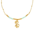 Gold-plated necklace with coral branch pendant, pearls, and light green beads - Coral Branch Natural Stone Necklace - Gold