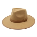 Classic khaki wide brim fedora hat with brown leather band and gold metal rivet - M(56-58cm) / Camel