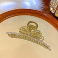 Pince à cheveux dorée en forme de nœud avec perles blanches et dents en métal - 70# Couronne de Perles