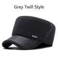 Grey twill winter military cap with sport embroidery and textured leather brim - Grey Twill Style / Gray