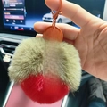 Portachiavi in finta pelliccia di coniglio con pompon rosso grigio e targhetta rosa - 9.5cm Caco Rosso Grande (Pace)