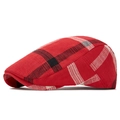 British style red plaid newsboy cap with adjustable buckle in cotton linen fabric - Adjustable (56-61cm) / Bright Red Plaid