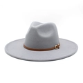 Detailed texture of light grey wool felt fedora hat with brown leather gold buckle band - M (56-58cm) / Light Gray