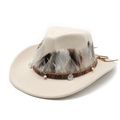Ethnic style cream wool cowboy hat with feathers and silver pendants for men and women - M(56-58cm) / Beige