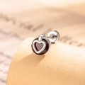 Silver cartilage stud earring with heart hollow frame and a bright red zircon center - Pomegranate Red (A403-5)