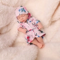 20cm reborn baby doll in pink floral hooded bathrobe sleeping on a soft white plush blanket - Pink Floral Bathrobe
