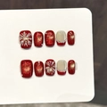 Handmade red fireworks press-on nails with champagne gold accents and pearl details - Extra Small (XS) / 3424-Extra Short Trapezoid (3424)