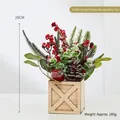Mini lighted Christmas tree in a rustic wooden pot with red berries and snow, 28cm tall - Small Wood Box Red Tree (B23002-2)