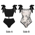 Costume da bagno intero reversibile da donna in nero unito e stampa floreale vintage - XS / Costume Intero Reversibile