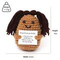 Mini crochet positive potato doll with brown pigtails and motivational sign card - Dark Brown Potato Braids