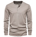 Men's slim fit long sleeve waffle knit henley shirt in taupe grey with three-button placket - Khaki