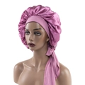 Pink satin hair bonnet with adjustable wide tie band for sleeping on a female mannequin - Medium / Dusty Rose