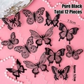 Set of 12 black 3D hollow butterfly cake toppers in assorted sizes with support wires - PVC Butterfly AA Style (12 Pcs) / Pure Black