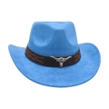 Sky blue suede western cowboy hat featuring silver bull head metal ornament and brown band - Blue