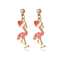 Pink flamingo earrings with red Christmas hat and gold metal tassels for festive wear - Pink Enamel Flamingo (EHMT-012HJ-J)