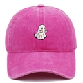 Detail of pink vintage washed cotton baseball cap with white ghost embroidery motif - Rose Red