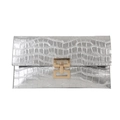 Silver crocodile textured envelope clutch bag with a metallic finish and gold geometric buckle - Silver