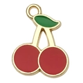 Enamel cherry charm with red fruit and green leaves in golden metal for DIY jewelry - Cherry 20x16mm