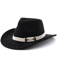 Cappello fedora in pelle scamosciata nera con fascia bianca e fibbia UUIU argento - M (56-58cm) / Nero