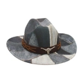 Vintage patchwork denim cowboy hat with brown leather band and silver bull head pendant - One Size / Black (M Denim White Bull Head)