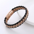 Pulsera de hombre en cuero trenzado negro con cadena de acero oro rosa y cierre imán - Oro rosa