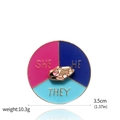 Macro view of rotating pronouns enamel pin with She/He/They text on 3.5cm metal badge - Pronouns SHE HE THEY Badge (X00385)