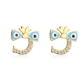 Detail of gold bow earrings featuring blue evil eye enamel and shimmering crystals - Curved Bowtie Evil Eye-42105
