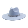 Detail of light blue faux suede fedora hat with sparkling silver rhinestone trim on brim - 58 / Sky Blue