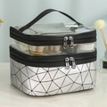 Silver quilted double-layer travel toiletry bag with transparent top and black handles - Silver