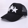 Black and white trucker hat with embroidered white stars and breathable mesh back - Adjustable / Black