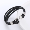 Bracciale da uomo multistrato in pelle intrecciata nera con chiusura ad ancora in acciaio - Color Acciaio