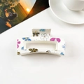 Detail of white square hair claw clip with colorful floral and butterfly patterns - Cream White Clover Butterfly Floral
